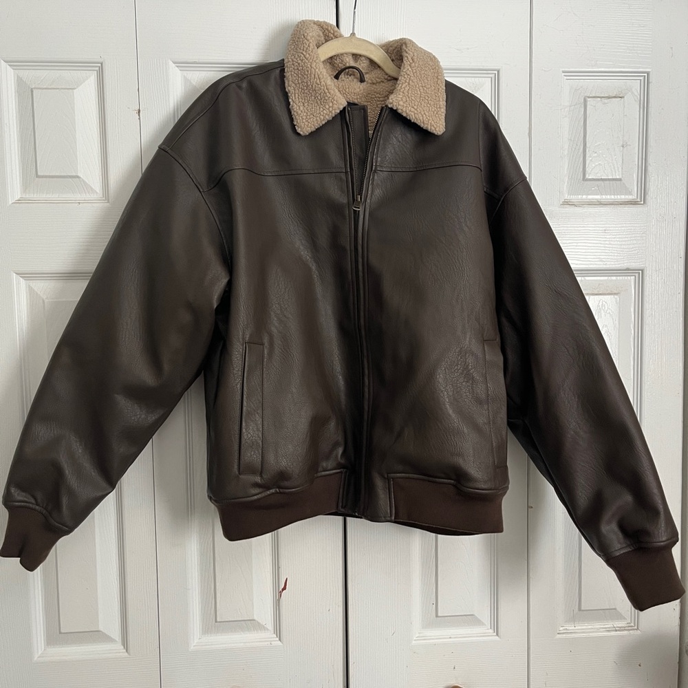 Men's Brown Leather Jacket with Shearling Collar